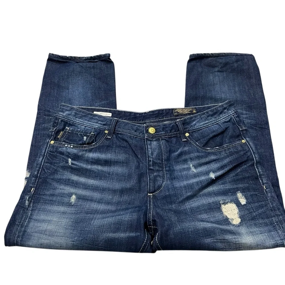 Jack & Jones Nick Jeans 38 x 27 Regular Fit Distressed Straight Leg Button Fly